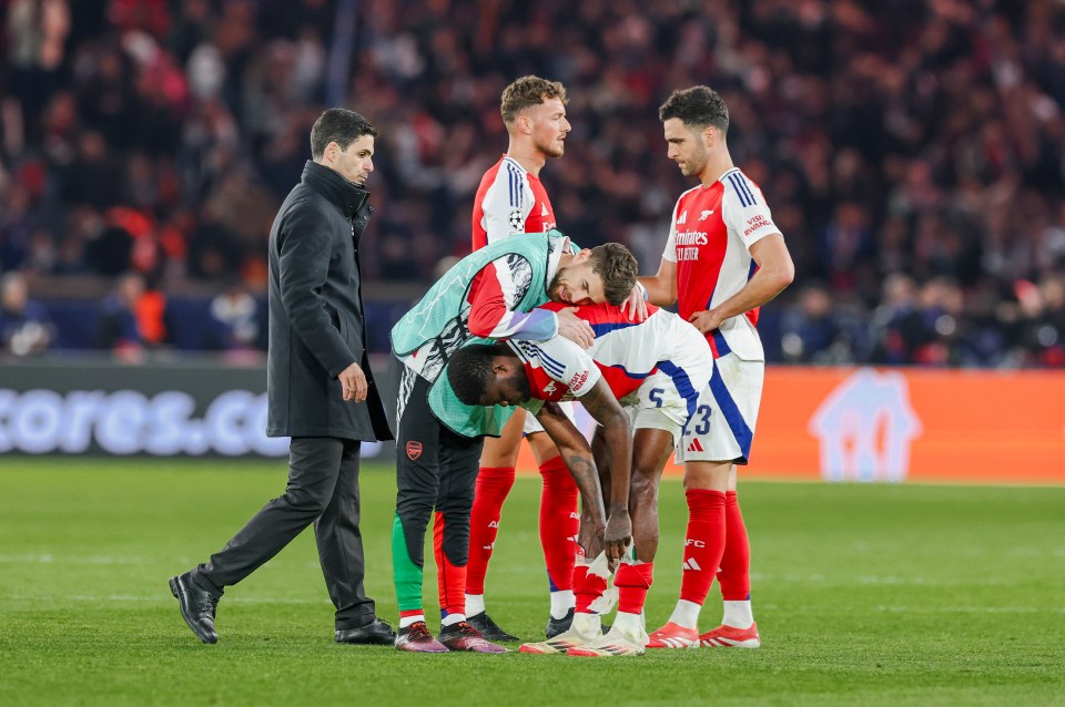Jorginho of Arsenal consoles Thomas Partey of Arsenal after the Champions League 2024/25 Semi-Final match.