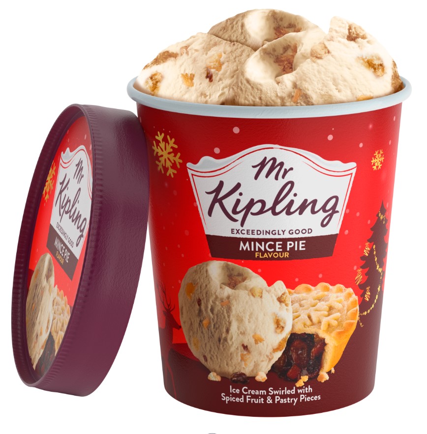 Mr. Kipling Mince Pie ice cream in a red tub with Christmas decorations, with the lid next to it.