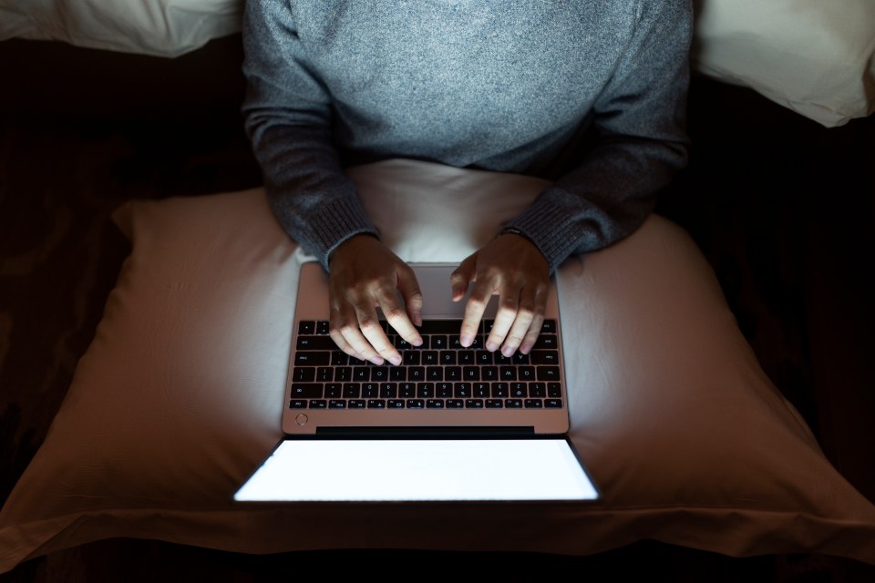 Person working on a laptop in bed at night.