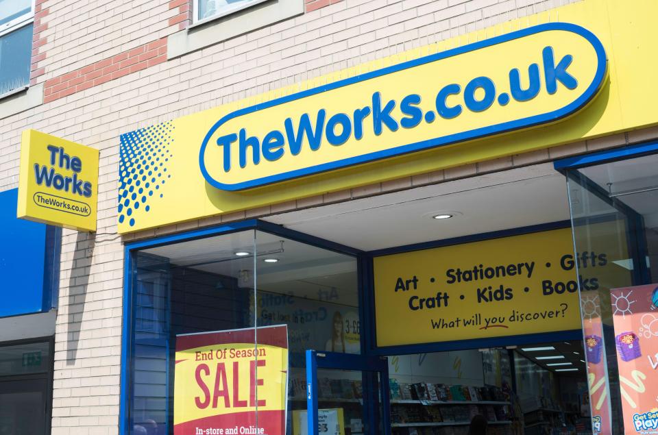 The Works shop front with "TheWorks.co.uk" logo and "End Of Season SALE" sign.