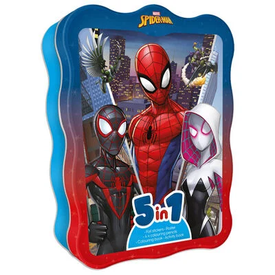 Illustration of Spider-Man, Miles Morales, and Spider-Gwen with villains and a city skyline background.
