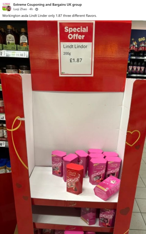 A social media post from Luqi Zhao of "Extreme Couponing and Bargains UK group" showing a display of Lindt Lindor chocolates on special offer for £1.87 in an Asda store.