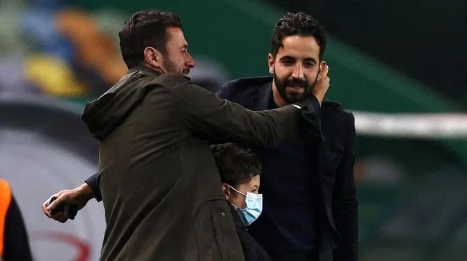Hugo Viana and Ruben Amorim celebrating Sporting Lisbon's league title win.