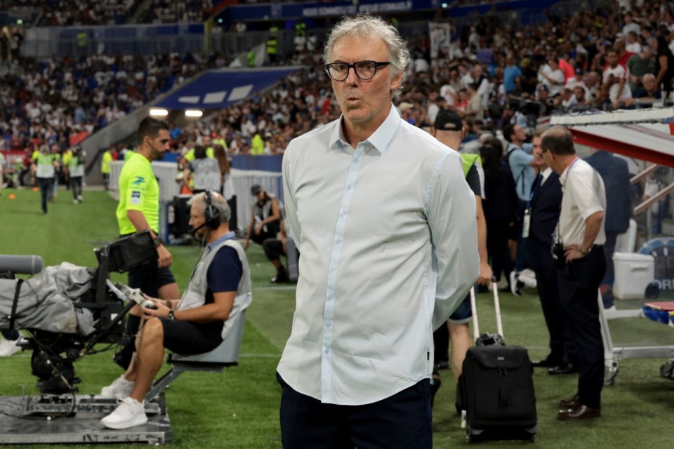 LYON, FRANCE - SEPTEMBER 3: Coach of Olympique Lyonnais Laurent Blanc looks on during the Ligue 1 Uber Eats match between Olympique Lyonnais (OL) and Paris Saint-Germain (PSG) at Groupama Stadium on September 3, 2023 in Lyon, France. (Photo by Jean Catuffe/Getty Images)