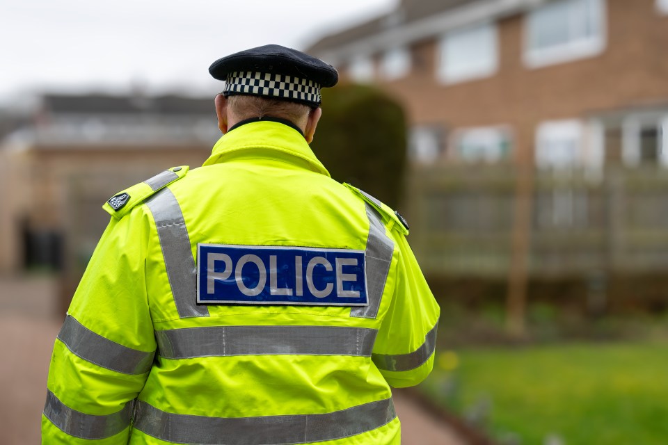 Rear view of a police officer walking away from a house.