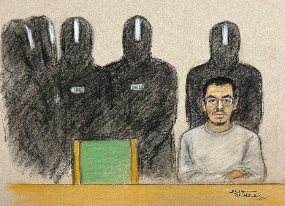 Illustration of Hashem Abedi appearing at Woolwich Crown Court via live link, surrounded by guards in full body armor with riot shields.