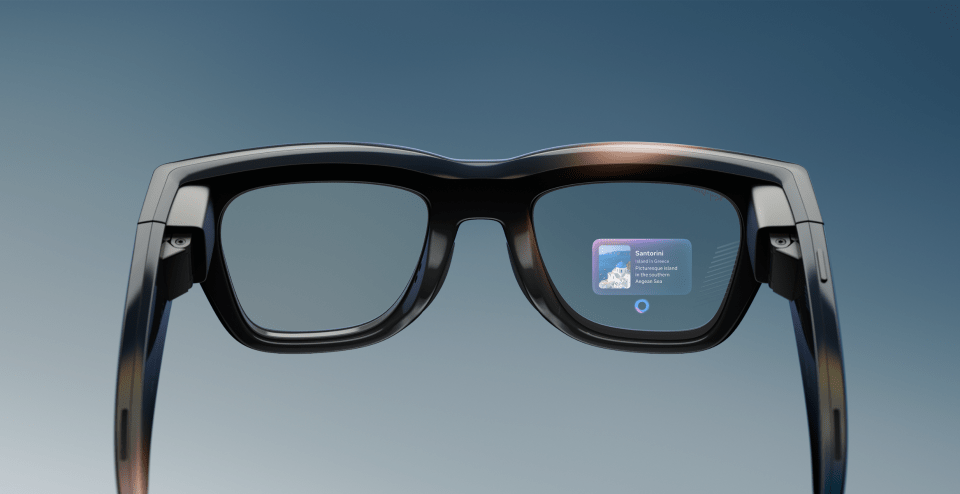 Smart glasses displaying information about Santorini, Greece.