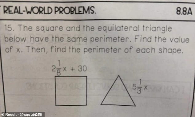A parent, who appears to be from the US, posted this maths problem on the 'HomeworkHelp' subreddit on the Reddit discussion forum.