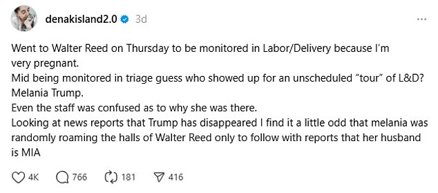 Coral Ben-Atar, 30, said she saw the First Lady at the hospital on Thursday, according to an Instagram Threads post she made