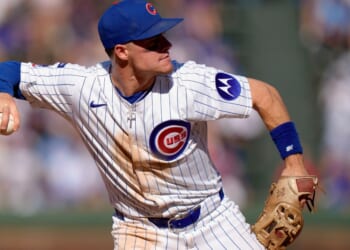 Matt Shaw of the Chicago Cubs makes a throw at third base in a game against the Tampa Bay Rays at Wrigley Field in Chicago, Illinois, on Sept. 14.