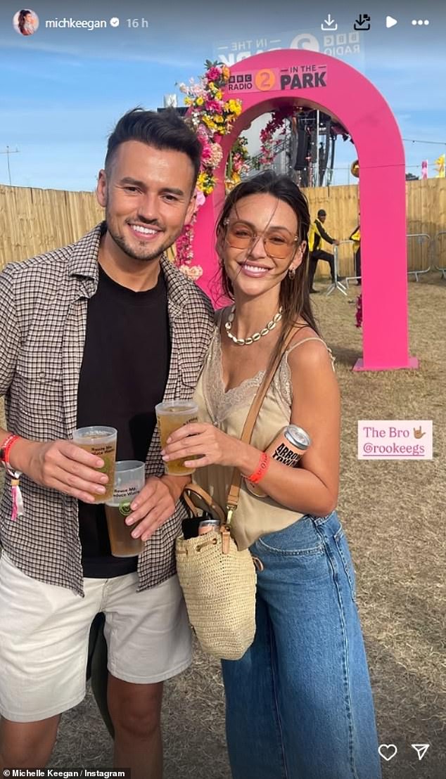 Michelle Keegan enjoyed a boozy day out with her rarely seen brother and her husband Mark Wright at BBC Radio 2 in the Park in Chelmsford on Saturday, sharing highlights on Instagram