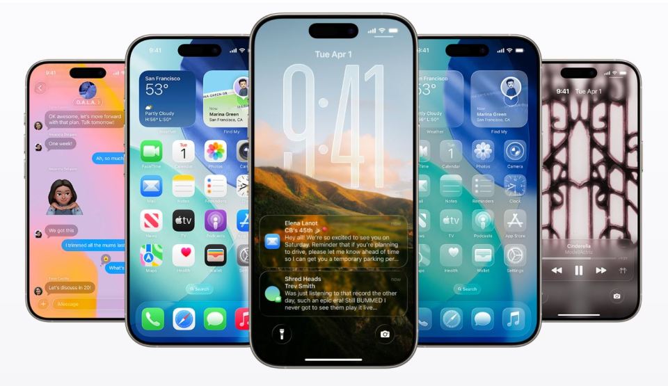 Illustration of three iPhones displaying different apps and notifications.