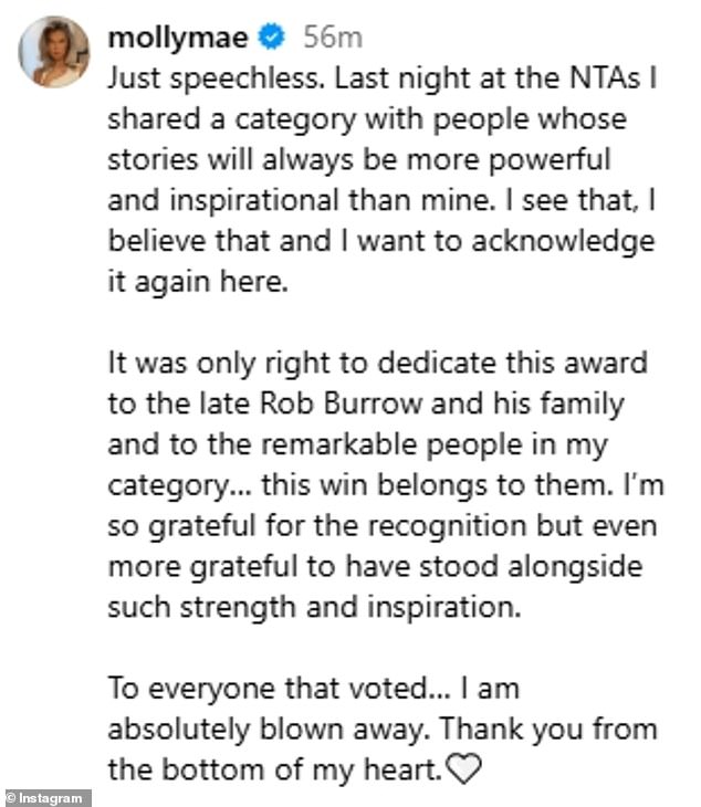 In a post on Instagram, Molly-Mae emphatically addressed the bravery of her fellow nominess and insisted 'the win belongs to them'