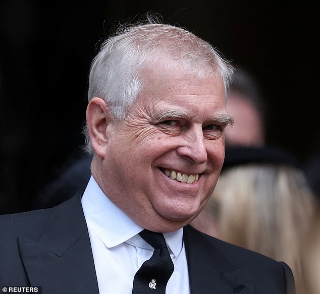 Prince Andrew was seen grinning and engaging in light conversation at the end of the Requiem Mass, on the day of the funeral of Katharine, Duchess of Kent, at Westminster Cathedral in London
