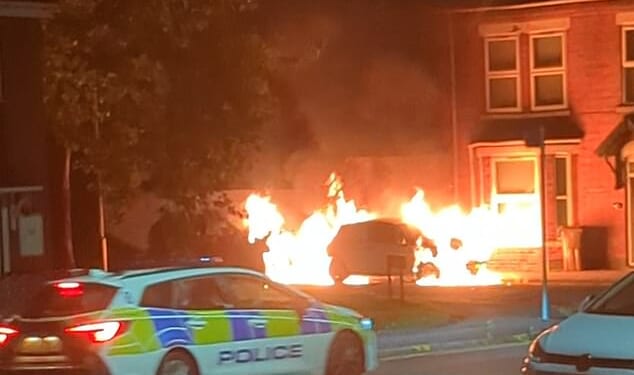 This is the terrifying moment a car burst into flames as a man has been arrested following an arson attack