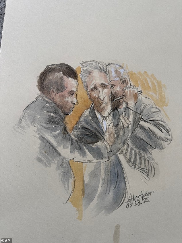 A court sketch shows Routh attacking himself with a pen in court