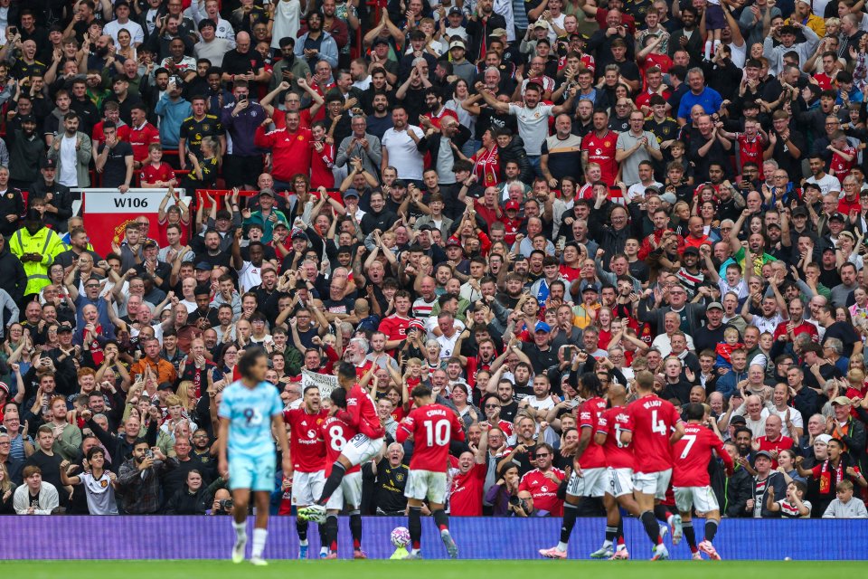 Manchester United fans celebrate a goal with players on the field.