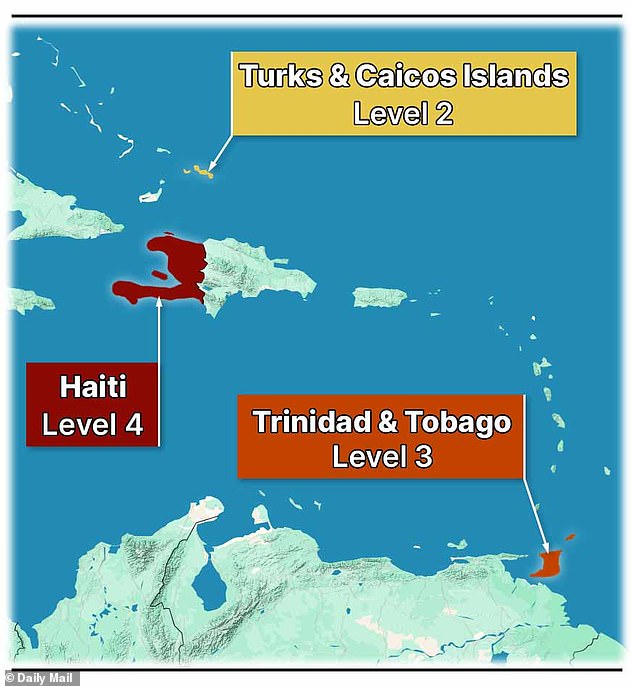 Pictured: Haiti, Turks and Caicos and Trinidad and Tobago are the most dangerous Caribbean islands, according to State Department classifications. The different levels of risks are as follows: Level 1 - exercise normal precautions - this is the lowest risk, while Level 4 - do not travel indicates life-threatening risks and is the highest risk. Levels 2 and 3 reflect exercising Increased caution and reconsider travel, respectively