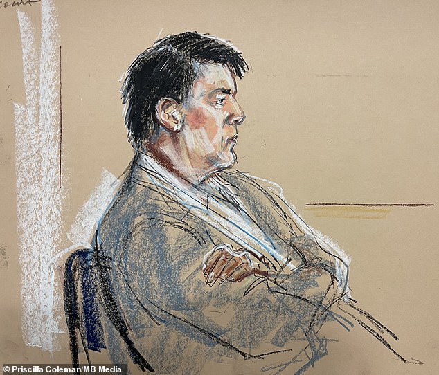 A court sketch of Graham Linehan as he appeared at Westminster Magistrates Court