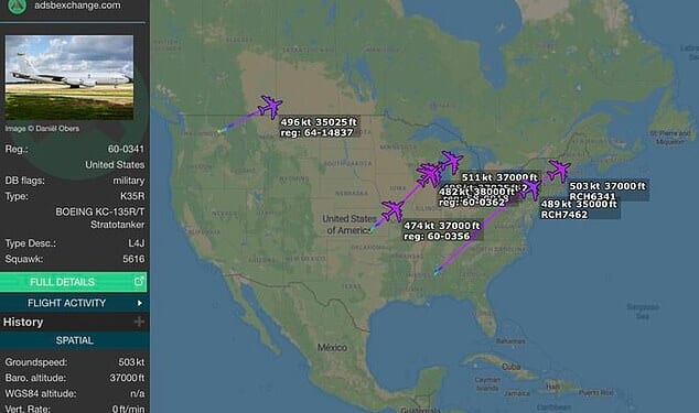 Open-source intelligence (OSINT) X accounts reported that 'roughly a dozen' US Air Force KC-135R/T Stratotankers were flying making the journey on Sunday night, with several en route to RAF Mildenhall - a major USAF base in England