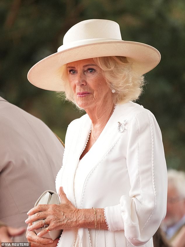 Queen Camilla attends the Service of Remembrance to commemorate the 80th Anniversary of VJ Day at the National Memorial Arboretum in Alrewas on August 15
