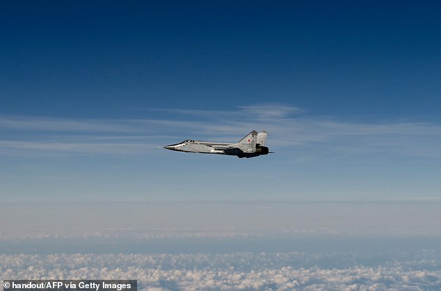 A Russian MIG-31 fighter is seen flying above the Baltic Sea after violating Estonian airspace on September 19