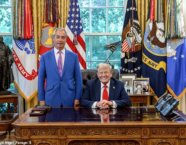 Mr Farage, pictured in the Oval Office yesterday, described Ms Dorries' defection as a 'great boost' in his bid to win the next General Election