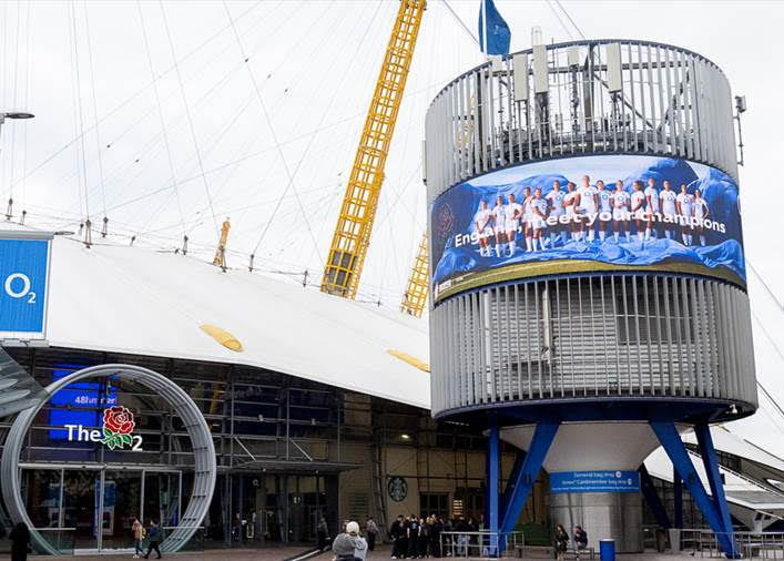 The O2 building rebranded as "The Rose2" for England Rugby's World Cup Champions.