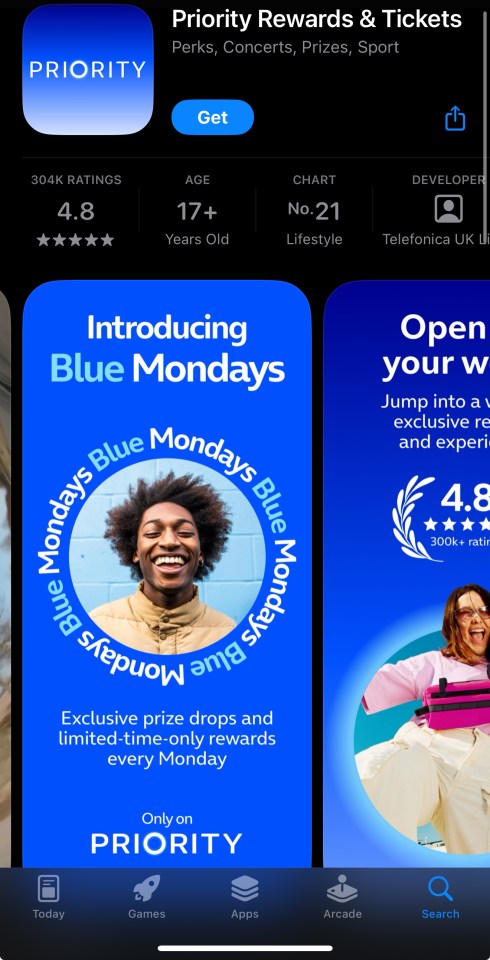 Priority app rewards and tickets; 4.8-star rating.