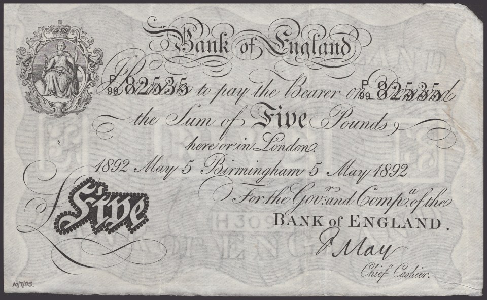 An old Bank of England five-pound banknote from 1892, signed by Chief Cashier Frank May.