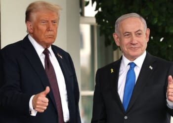 President Donald Trump and Israeli Prime Minister Benjamin Netanyahu give a "thumbs up" sign at the White House Monday in Washington, D.C.
