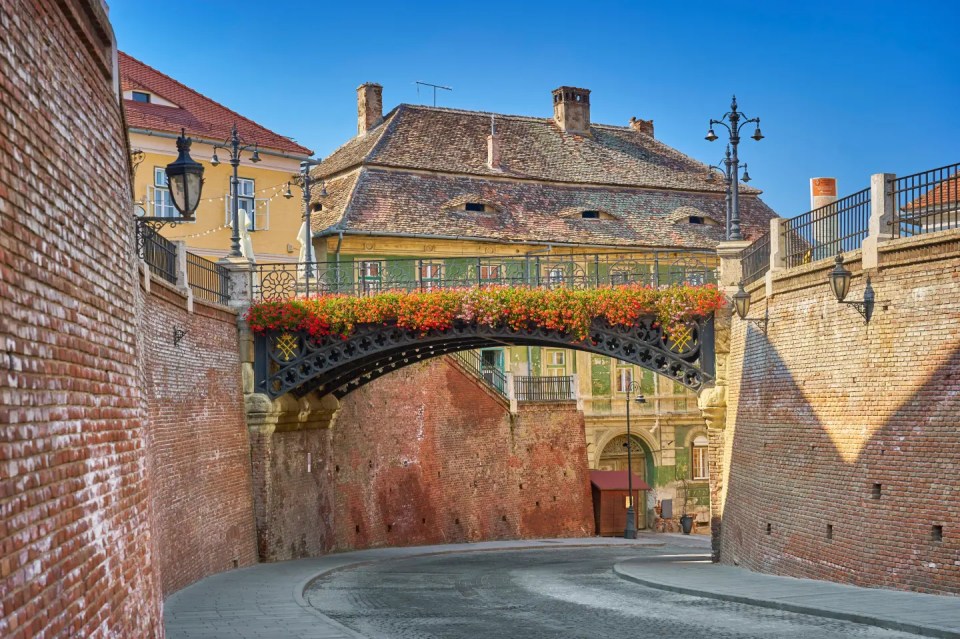 Iron Bridge with flower boxes over a street in a brick-walled city.
