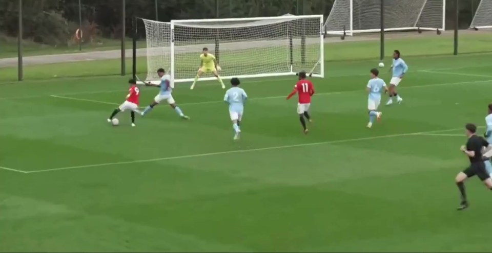 JJ Gabriel (jersey #9) scores for Man Utd U18s against Man City U18s.