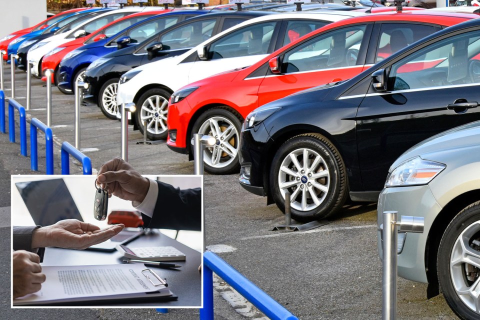 Collage of car dealership and car keys being handed over with paperwork.