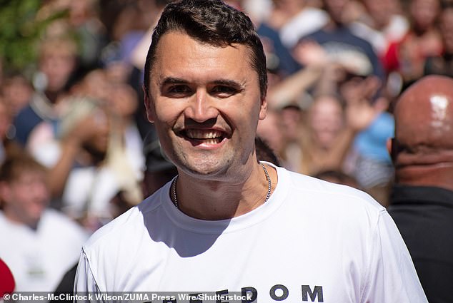 Kirk was struck in the neck by a single bullet while speaking about mass shootings at a university campus in Utah. He is pictured at the event on Wednesday before his death
