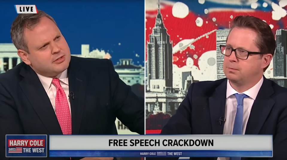 Two men in suits and ties discussing a "Free Speech Crackdown" on "Harry Cole Saves The West."