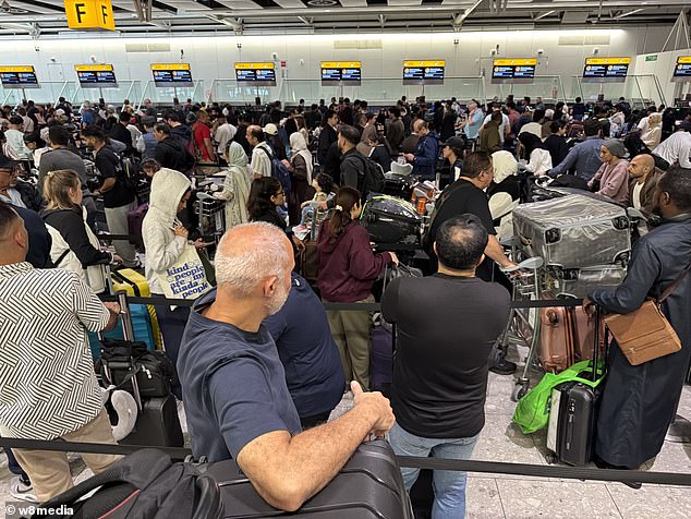 At Heathrow (pictured yesterday), Britain's busiest airport, at least 12 flights were cancelled, and more than 400 were delayed, some for hours. A third of all flights were affected