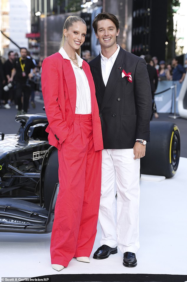 After he famously postponed his wedding to shoot the latest series of The White Lotus, the Daily Mail can reveal that Patrick Schwarzenegger is officially a married man. Pictured: Abby Champion and Patrick Schwarzenegger pose upon arrival at the premiere of the film 'F1 The Movie' on Monday, June 23, 2025, in London