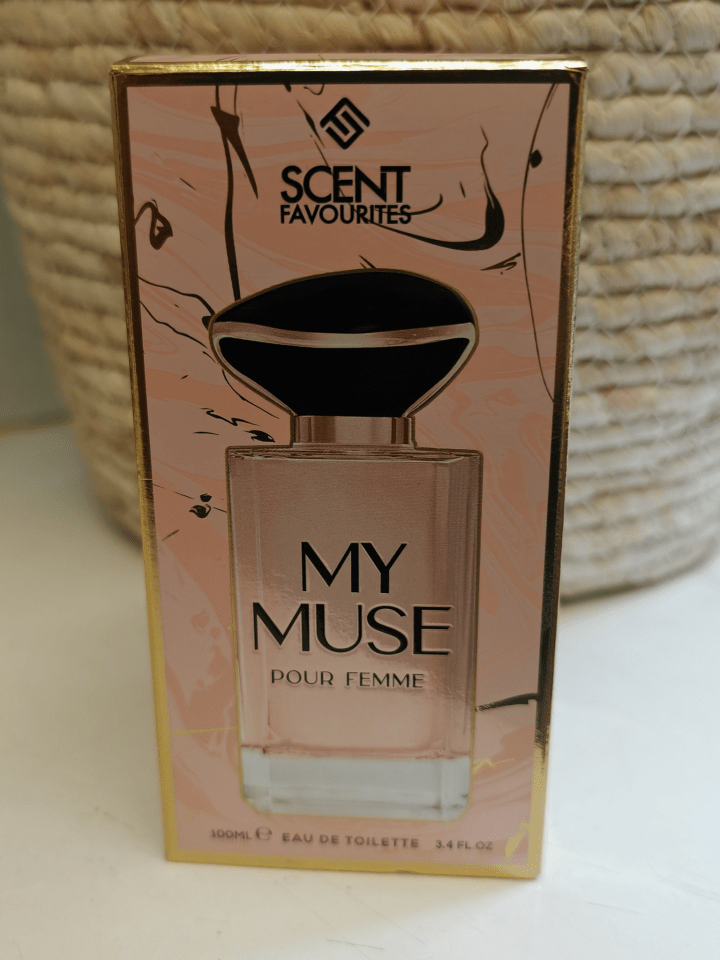 Packaging for Scent Favourites My Muse perfume, a dupe for a luxury brand.