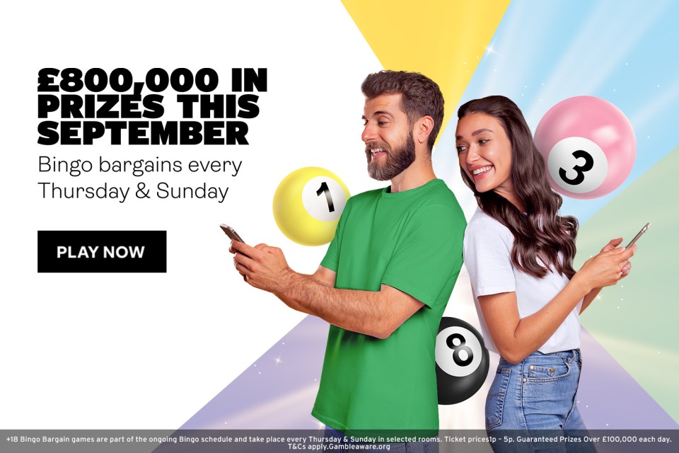 Illustration of a couple playing bingo online, £800,000 in prizes this September.