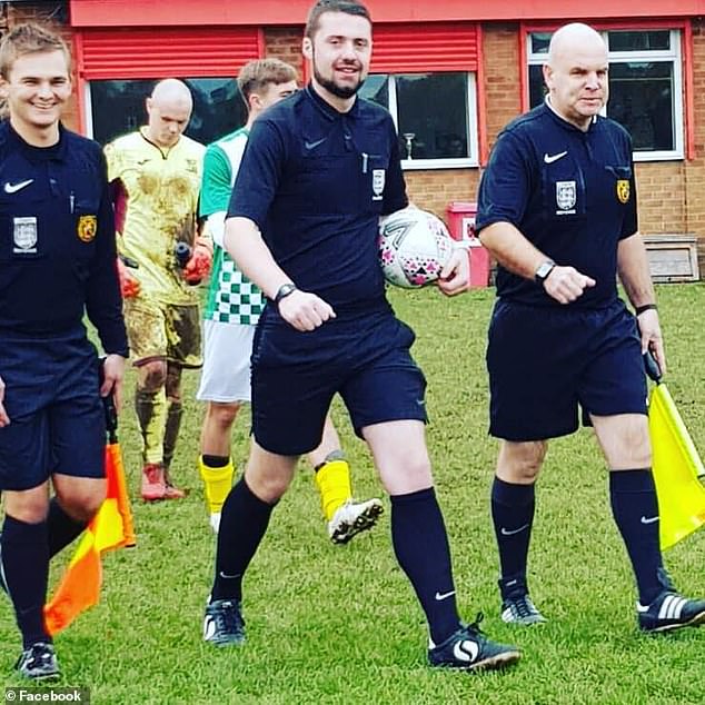 Callum Finnegan (centre) is accused of 'dishonestly' reporting sick for duty to referee and assistant referee at two football matches instead. Pictured on an unspecified date.