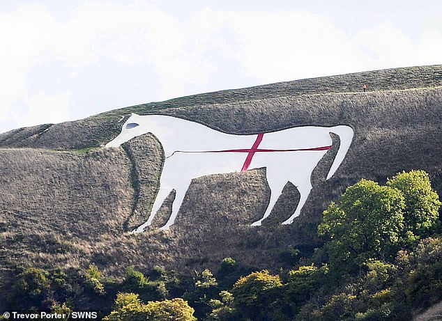 Pictured: A historic white horse landmark in Wiltshire was altered to feature the St George's Cross