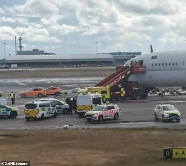 Police and firefighters rushed to the Saudia Airlines aircraft, which landed from Jeddah at around 1pm on August 28
