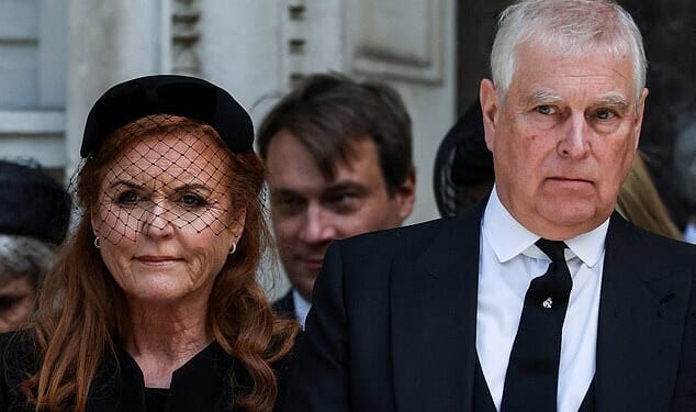King Charles has banished Prince Andrew and Sarah Ferguson from the Royal Family 's Christmas celebrations, sources have claimed. Pictured: Prince Andrew and Sarah Ferguson at the Duchess of Kent's funeral on September 16
