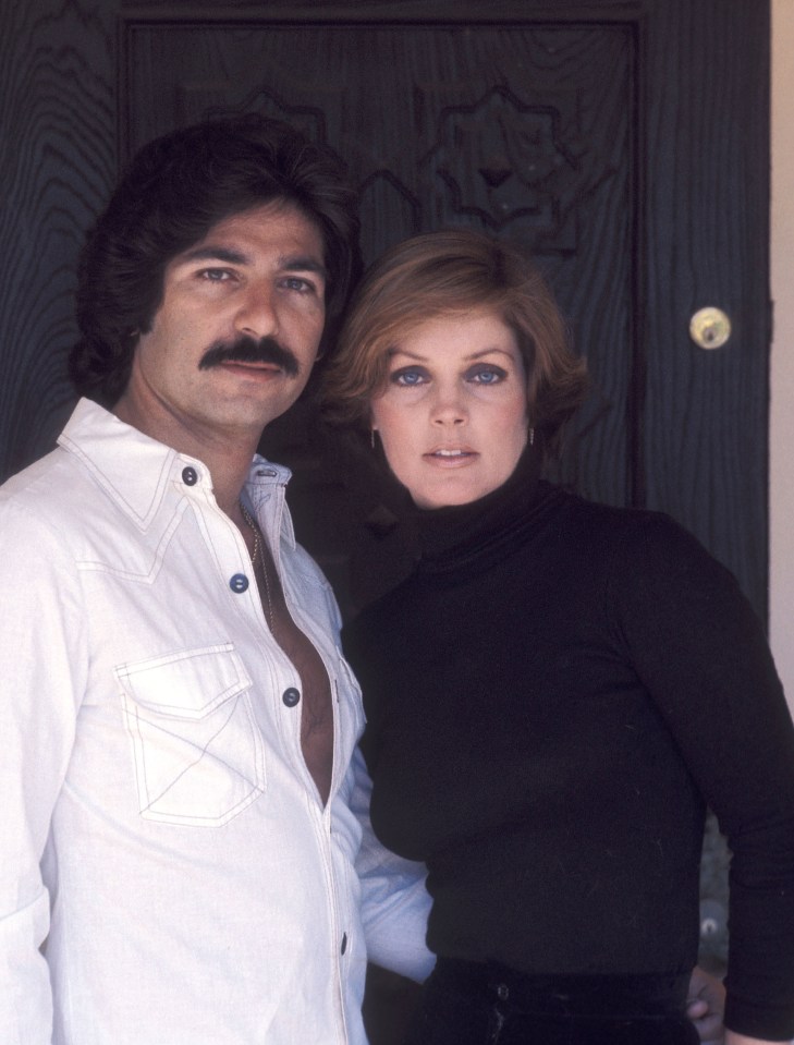 Priscilla Presley and Mike Stone posing for a photo session.