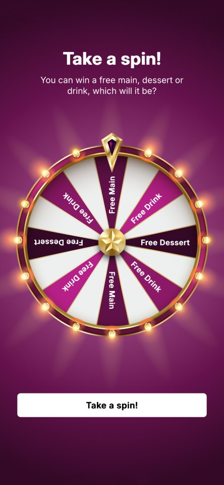 Illustration of a spinning wheel offering a free main course, dessert, or drink.