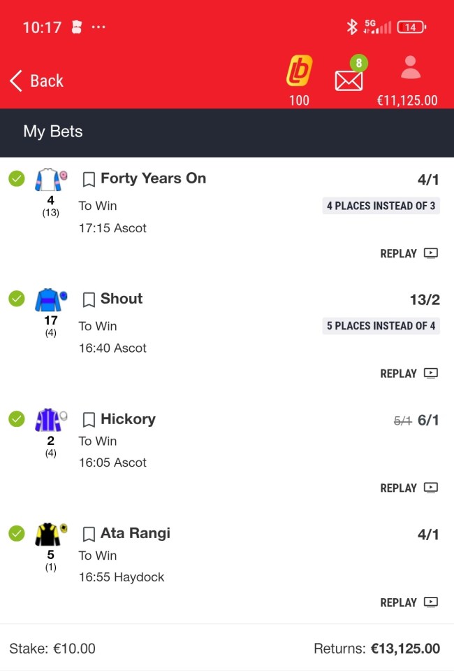 Screenshot of a mobile betting slip showing winning bets.