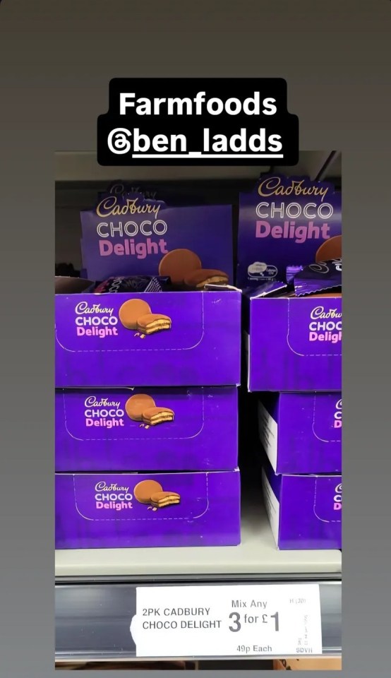 Cadbury Choco Delight chocolate bars in purple packaging on a shelf with a "3 for £1" sign.