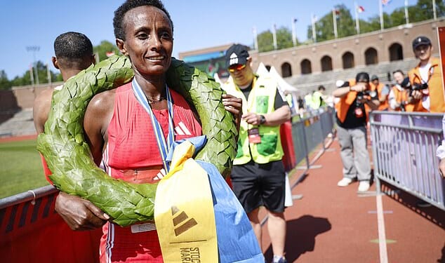 Shewarge Alene, pictured here in May after winning the Stockholm Marathon, has died at the age of 30 after being taken ill at a training session