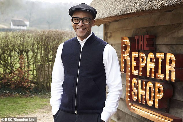 Blades in a BBC publicity picture on the set of The Repair Shop